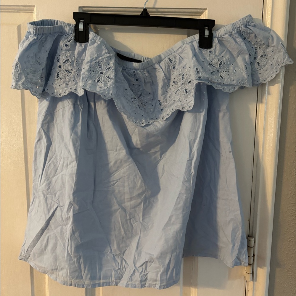 Lane Bryant Eyelet Ruffle Embroidered Off-Shoulder Blouse Light Blue 14/16